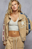 Long sleeve French terry star patch striped elastic jacket-Jackets-Pol Clothing-Stuffology - Where Vintage Meets Modern, A Boutique for Real Women in Crosbyton, TX