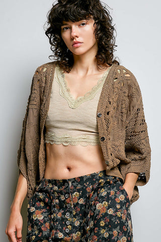 Batwing Sleeve Button Down Solid Crochet Cardigan Top-Pol Clothing-Stuffology - Where Vintage Meets Modern, A Boutique for Real Women in Crosbyton, TX