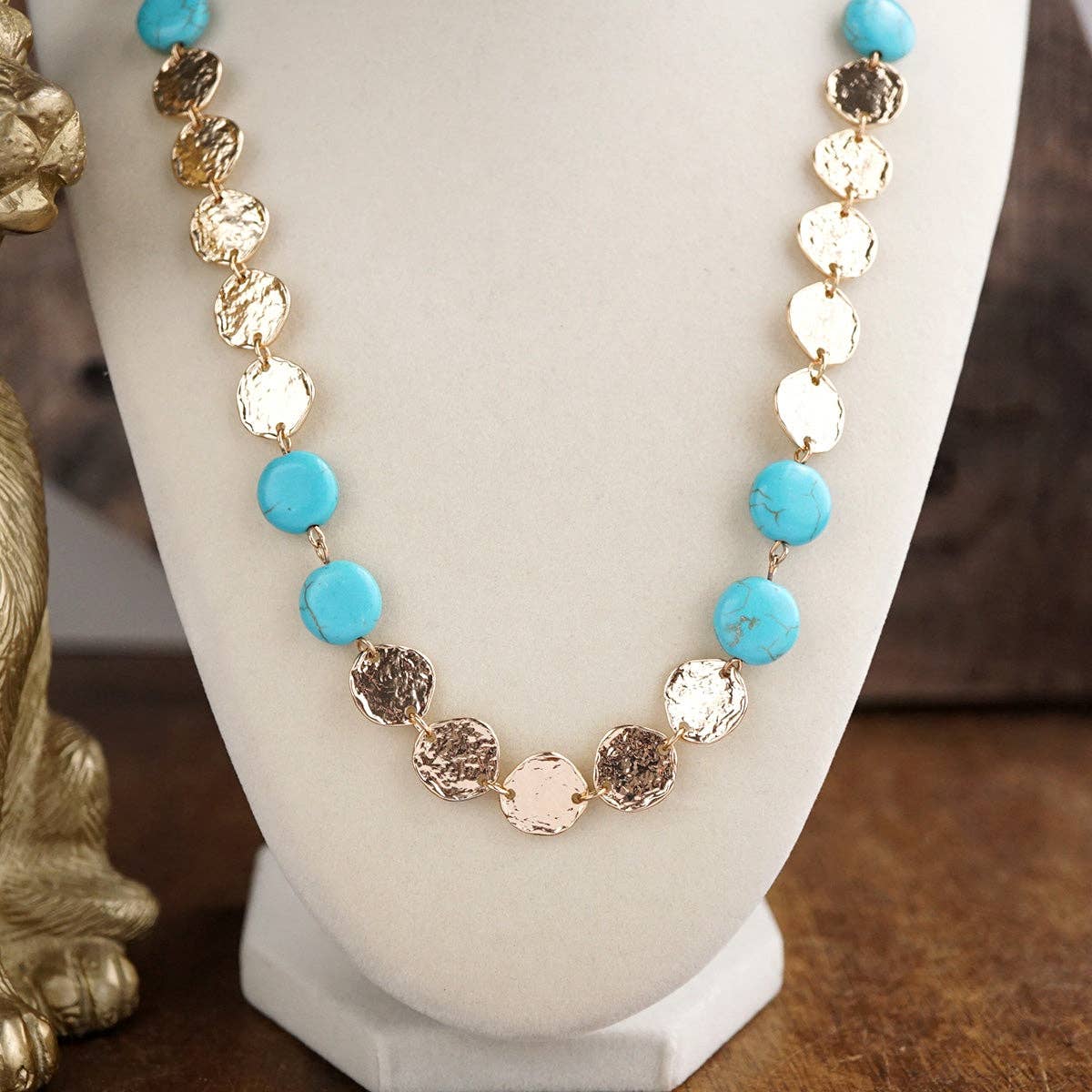 Desert Rhythm – Turquoise Color Stone & Textured Coin Necklace-Necklaces-PennyLine inc-Stuffology - Where Vintage Meets Modern, A Boutique for Real Women in Crosbyton, TX