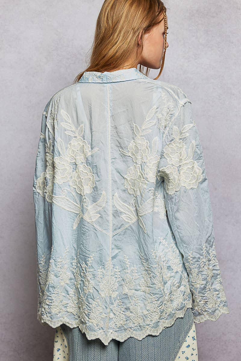 Long Sleeve Embroidered Scalloped Edge Shirt Top-Pol Clothing-Stuffology - Where Vintage Meets Modern, A Boutique for Real Women in Crosbyton, TX