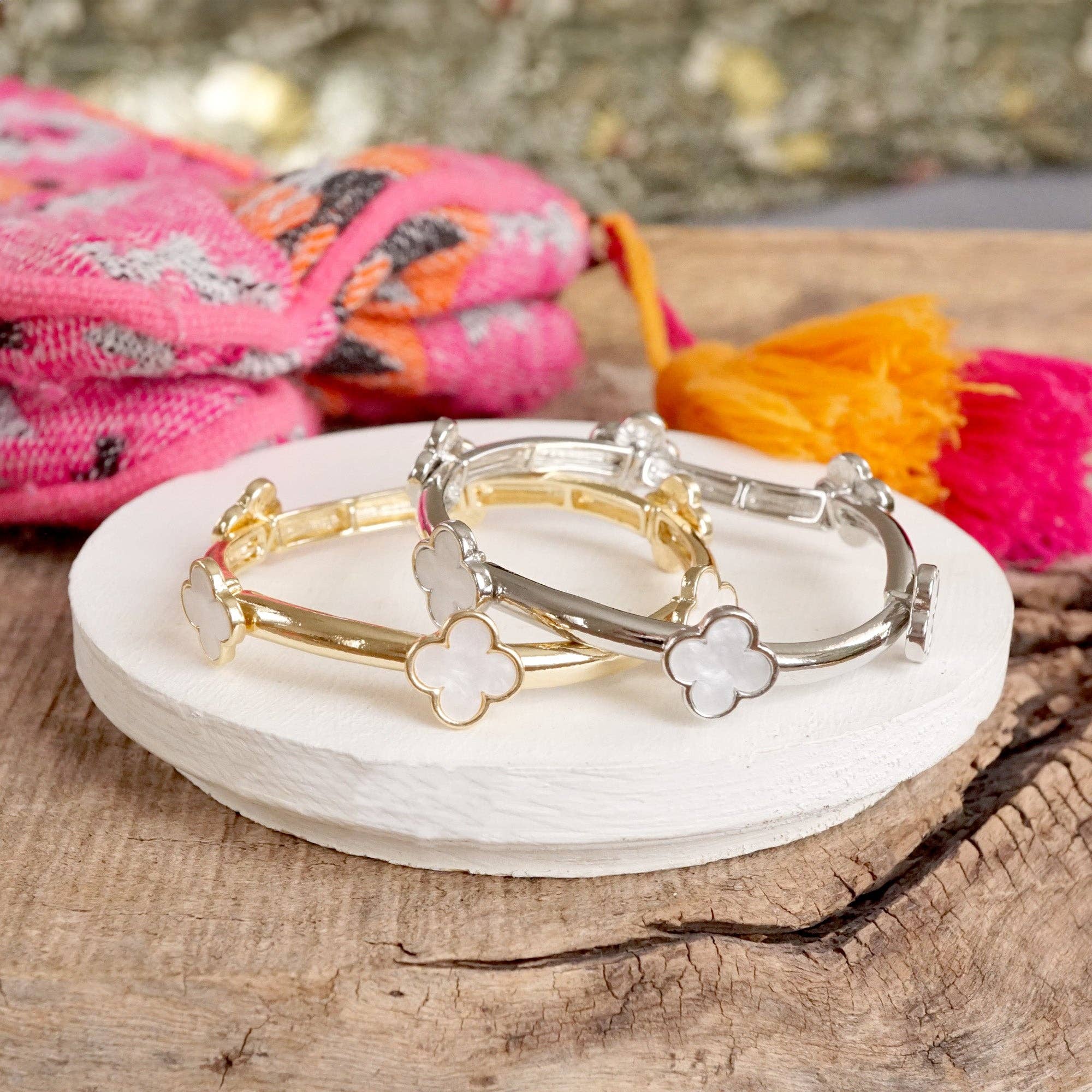 Clover Stretchy Bangle Bracelet – Mother of Pearl in Gold or Silver Tone-PennyLine inc-Stuffology - Where Vintage Meets Modern, A Boutique for Real Women in Crosbyton, TX