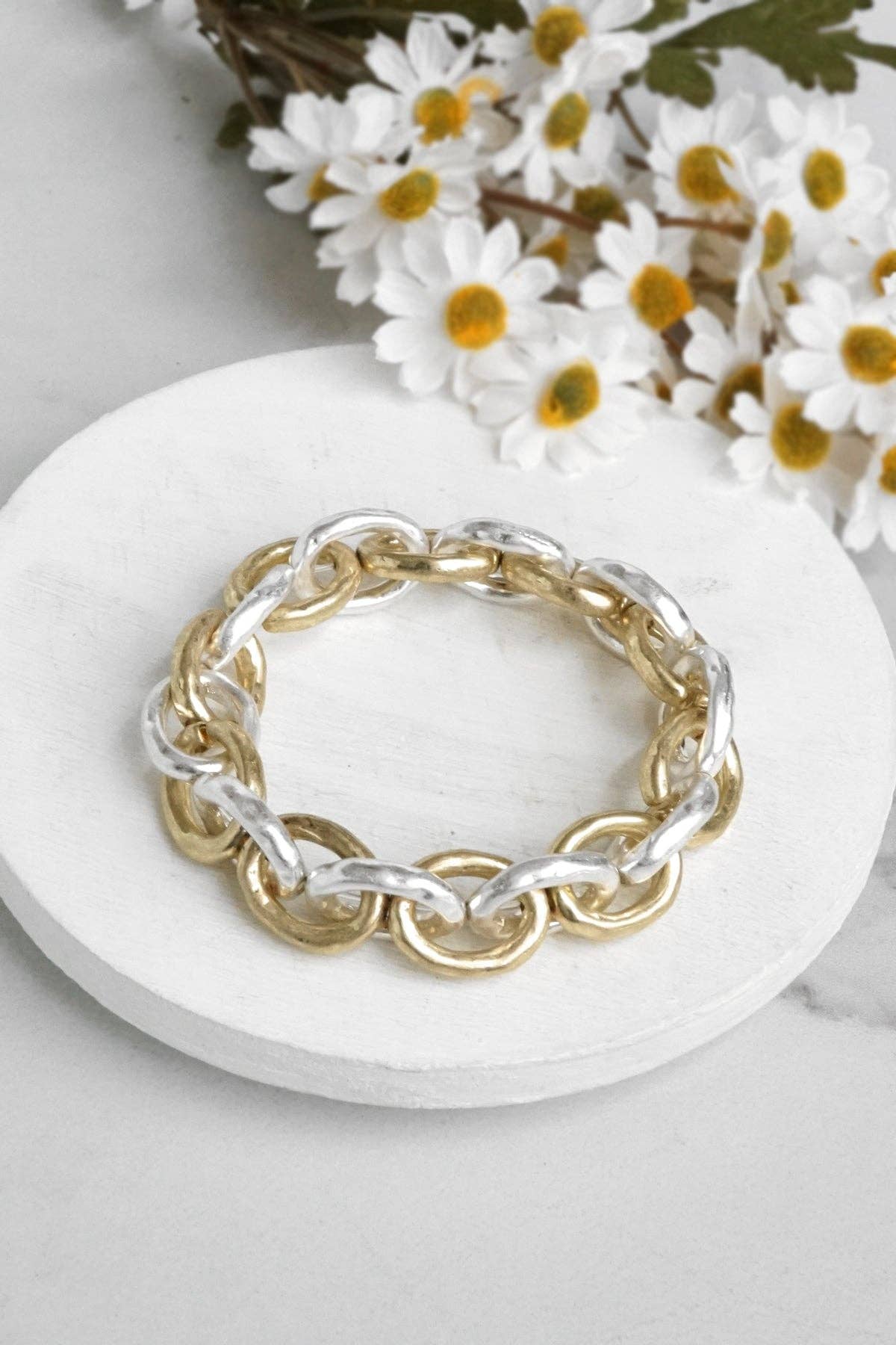 Chunky Chain Bracelet in Worn Silver and Gold tone-Bracelets-PennyLine inc-Stuffology - Where Vintage Meets Modern, A Boutique for Real Women in Crosbyton, TX