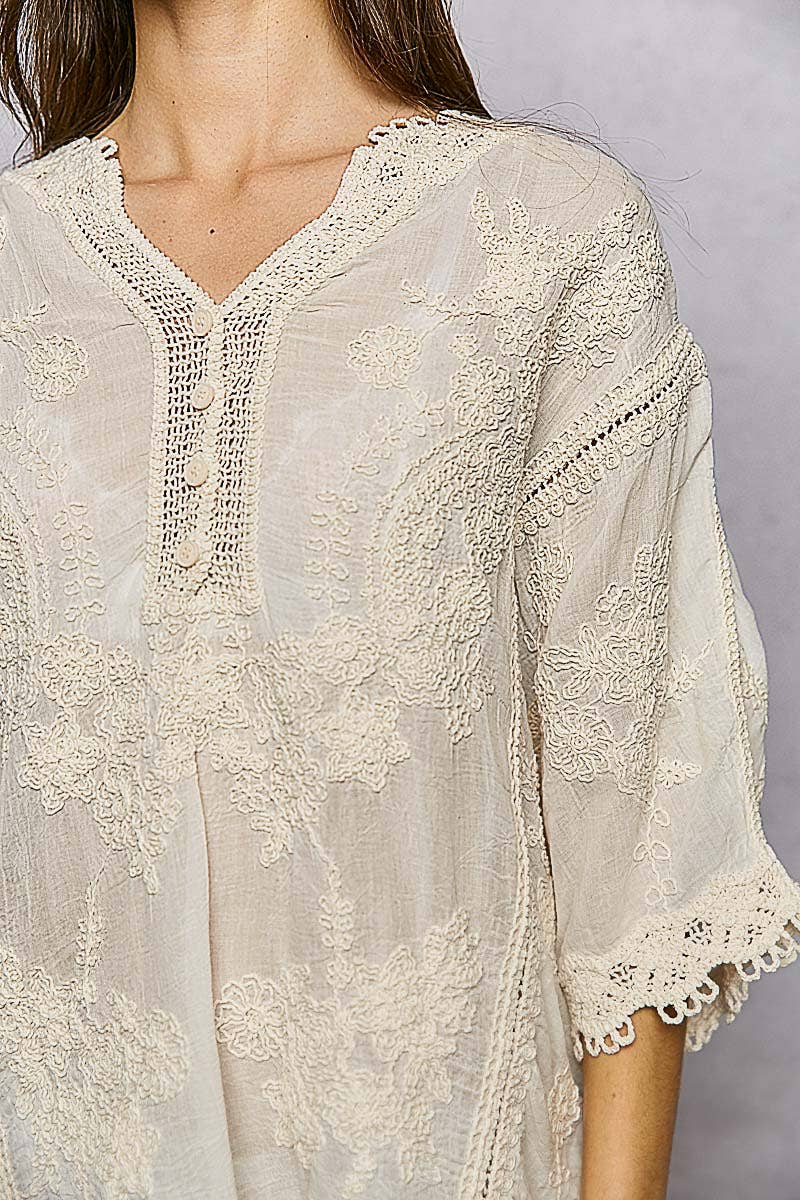 POL Clothing V-neck Short Sleeve Floral Embroidered Crochet Blouse Top-Crochet Top-Pol Clothing-Stuffology - Where Vintage Meets Modern, A Boutique for Real Women in Crosbyton, TX