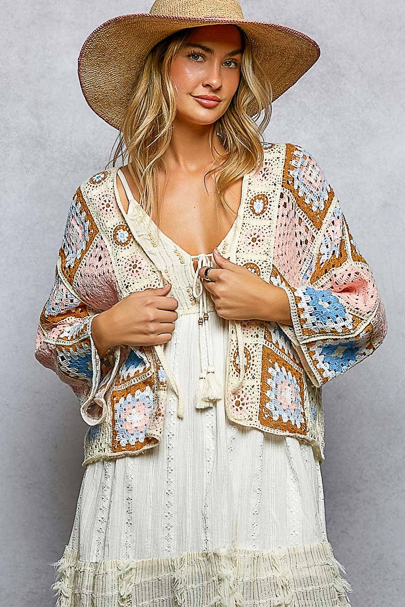 Granny Square 3/4 Sleeve Crochet Cardigan Top-Cardigan-Pol Clothing-Stuffology - Where Vintage Meets Modern, A Boutique for Real Women in Crosbyton, TX