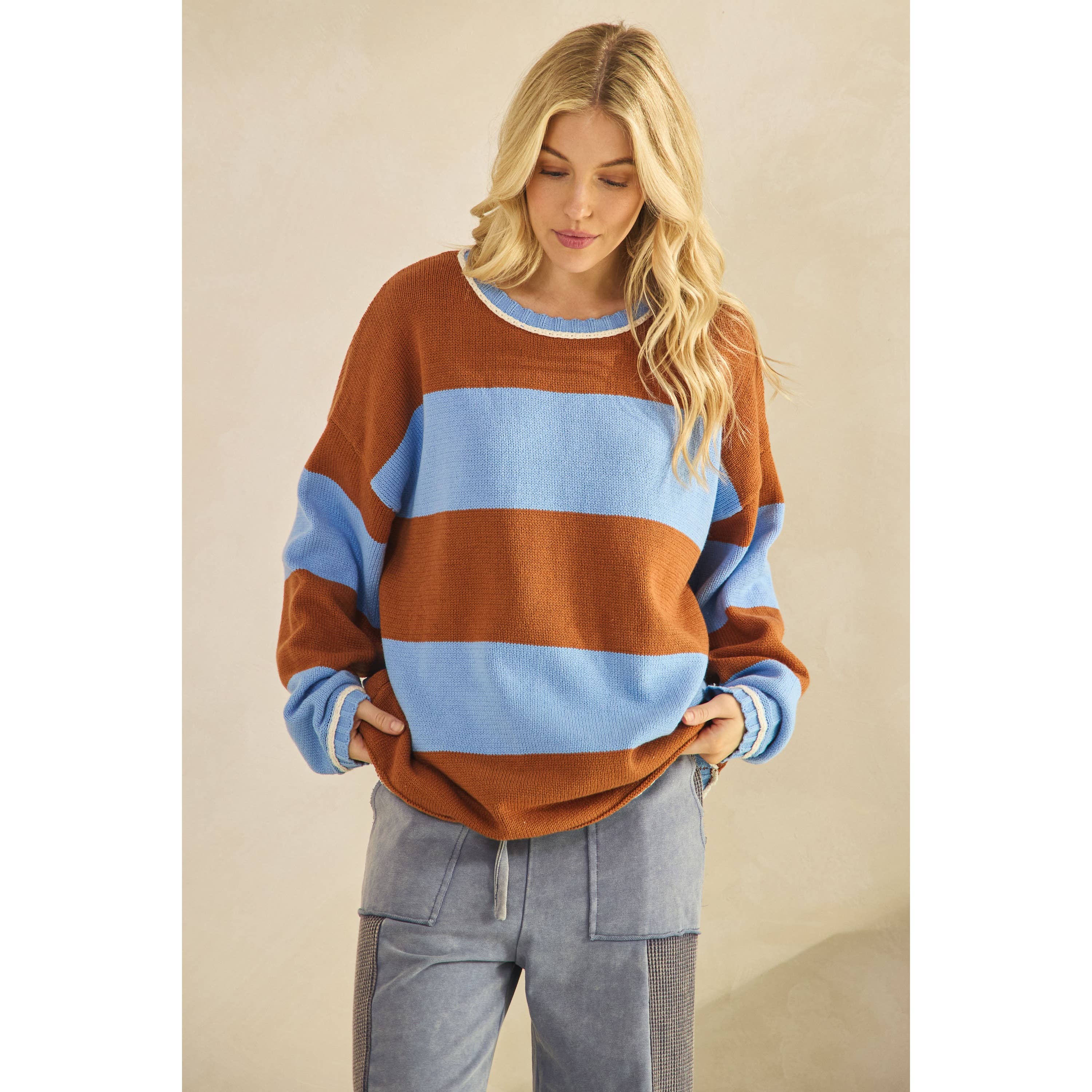 COLORBLOCK STRIPE SWEATER-Sweaters-Sage + Fig-Stuffology - Where Vintage Meets Modern, A Boutique for Real Women in Crosbyton, TX