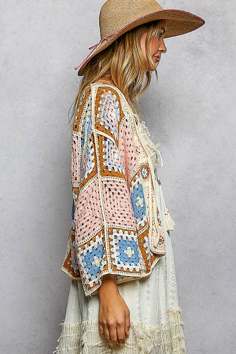 Granny Square 3/4 Sleeve Crochet Cardigan Top-Cardigan-Pol Clothing-Stuffology - Where Vintage Meets Modern, A Boutique for Real Women in Crosbyton, TX