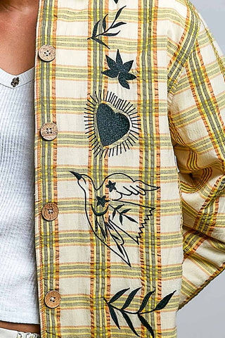 Plaid Embroidered Wooden Button Down Shirt Jacket-Jackets-Pol Clothing-Stuffology - Where Vintage Meets Modern, A Boutique for Real Women in Crosbyton, TX