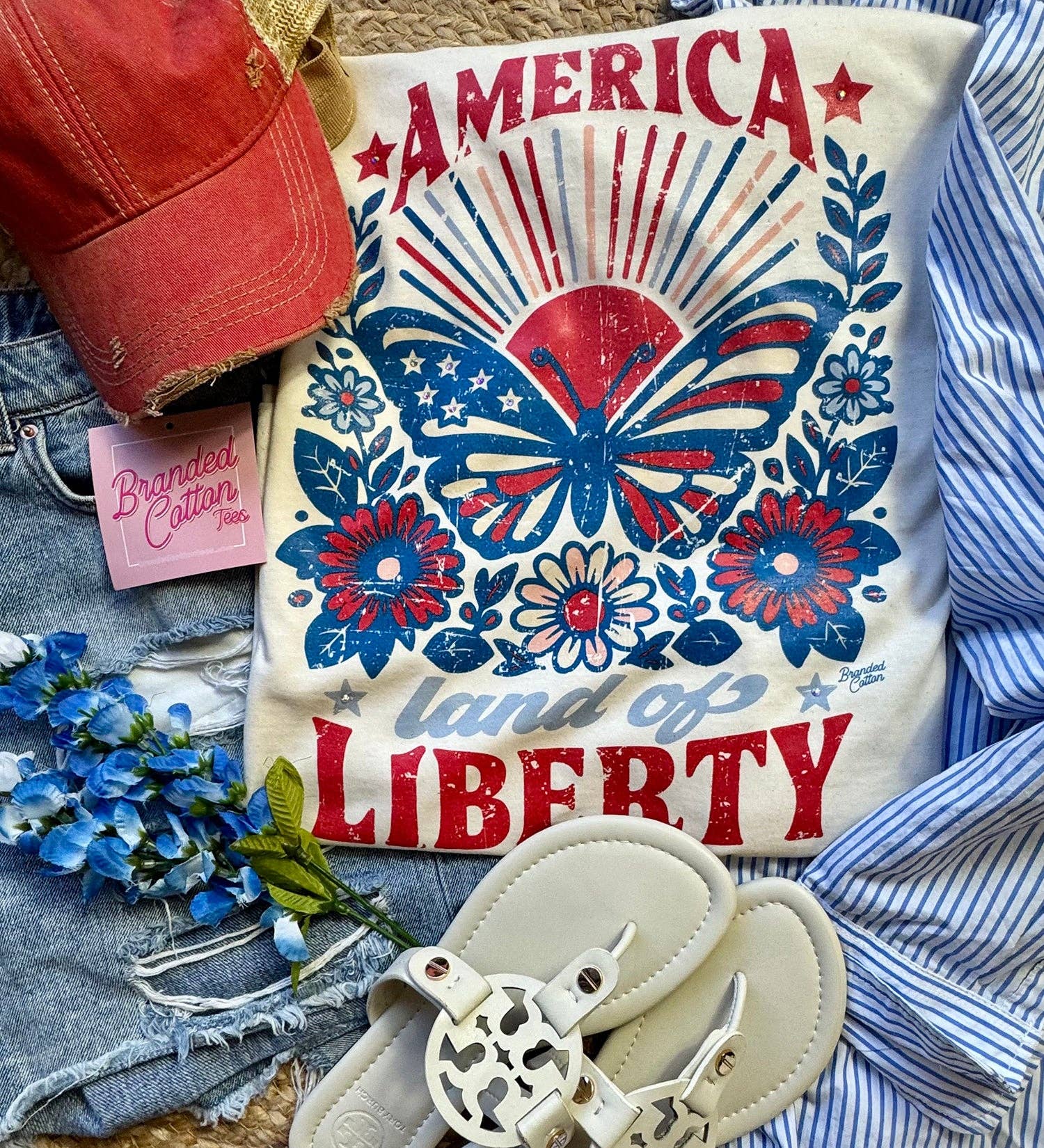 America Butterfly-Graphic Tees-Branded Cotton-Stuffology - Where Vintage Meets Modern, A Boutique for Real Women in Crosbyton, TX