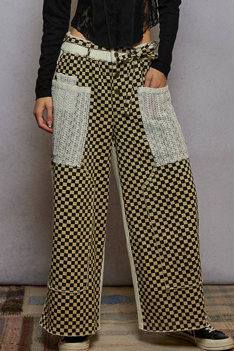 POL Clothing Checkered Patchwork Wide-Leg Pants-Pants-Pol Clothing-Stuffology - Where Vintage Meets Modern, A Boutique for Real Women in Crosbyton, TX