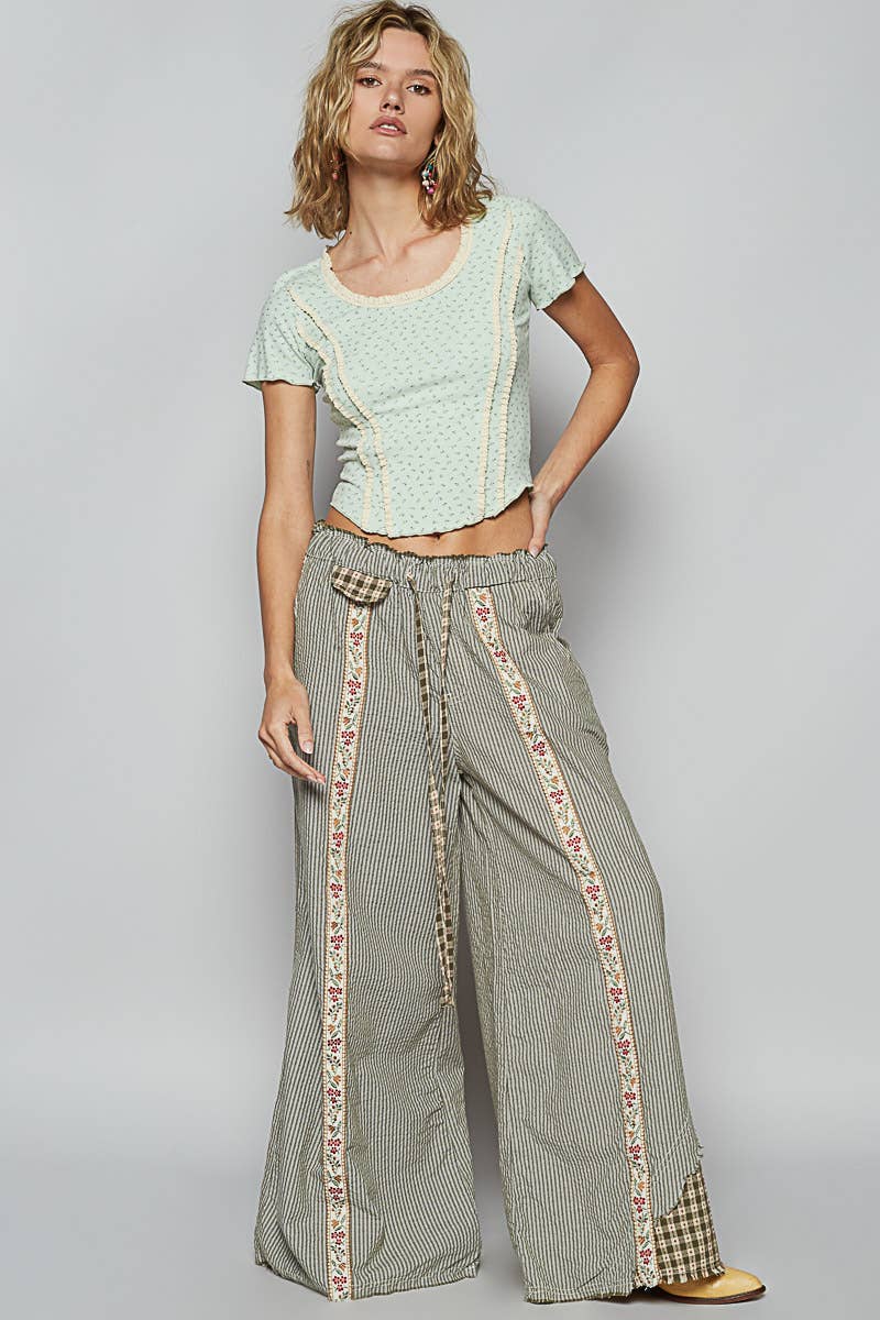 POL Clothing Olive Multi Contrast Panel Detail Print Woven Pants-Pants-Pol Clothing-Stuffology - Where Vintage Meets Modern, A Boutique for Real Women in Crosbyton, TX