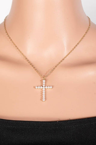 Pearl Cross Pendant Necklace-Necklaces-The Looks by Fame Accessories-Stuffology - Where Vintage Meets Modern, A Boutique for Real Women in Crosbyton, TX