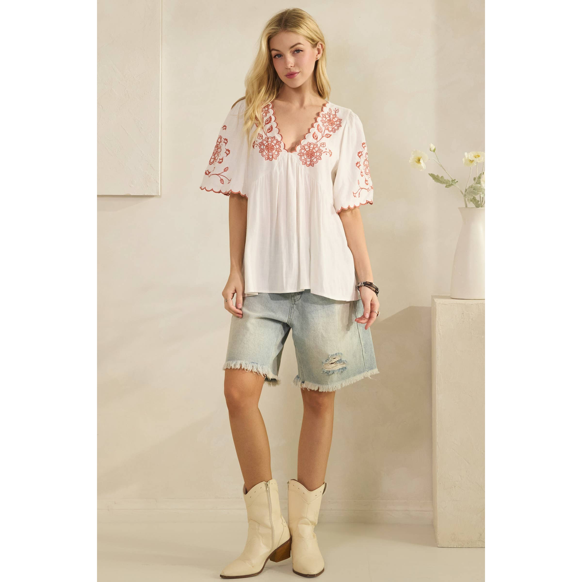 SCALLOPED BOHO EMBROIDERED BLOUSE (ST7681)-Sage + Fig-Stuffology - Where Vintage Meets Modern, A Boutique for Real Women in Crosbyton, TX