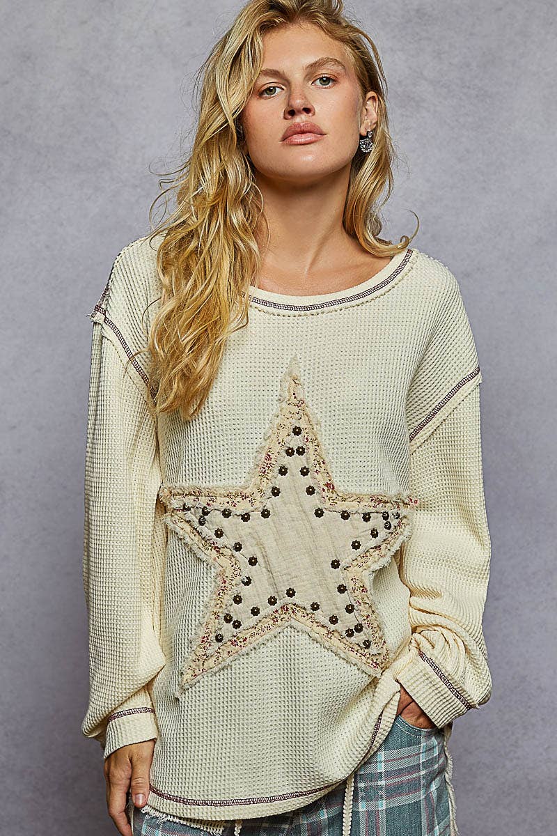 Long sleeve round neck star patch thermal knit top-Pullover Top-Pol Clothing-Stuffology - Where Vintage Meets Modern, A Boutique for Real Women in Crosbyton, TX