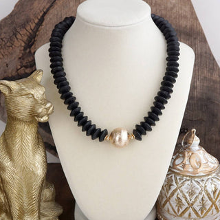 Wood Saucer Beads Short Statement Necklace Gold center Hot Pink Beige Turquoise-Necklaces-PennyLine inc-Stuffology - Where Vintage Meets Modern, A Boutique for Real Women in Crosbyton, TX