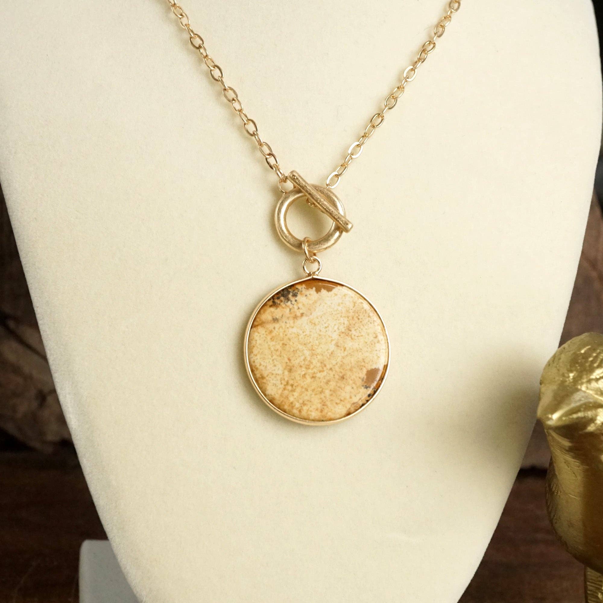 Semi-Precious Disc Pendant Front Toggle Chain Necklace-Necklaces-PennyLine inc-Stuffology - Where Vintage Meets Modern, A Boutique for Real Women in Crosbyton, TX
