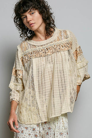 Lace Panel Detail Floral Ruffle 3/4 Sleeve Rib Knit Top-Pol Clothing-Stuffology - Where Vintage Meets Modern, A Boutique for Real Women in Crosbyton, TX