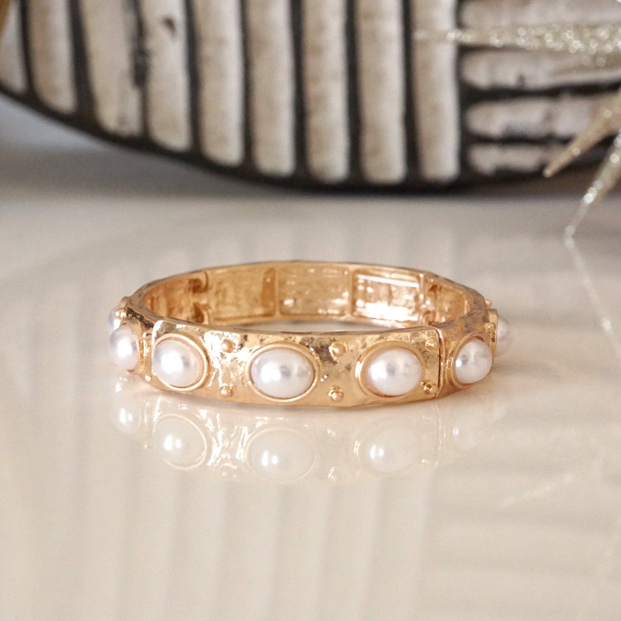 Classic Golden Stretchy Bangles – Pearl or Turquoise Accents-Bracelets-PennyLine inc-Stuffology - Where Vintage Meets Modern, A Boutique for Real Women in Crosbyton, TX