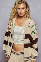 POL Clothing - Striped pattern 3D embroidered hoodie zip-up sweater top-Pol Clothing-Stuffology - Where Vintage Meets Modern, A Boutique for Real Women in Crosbyton, TX