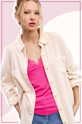 Crinkled Gauze Button Down Shirt-La Miel-Stuffology - Where Vintage Meets Modern, A Boutique for Real Women in Crosbyton, TX