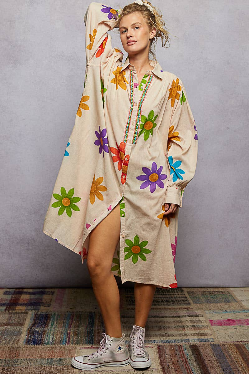 Long Sleeve Shirred Shoulder Beads Floral Print Shirt Dress-Dresses-Pol Clothing-Stuffology - Where Vintage Meets Modern, A Boutique for Real Women in Crosbyton, TX