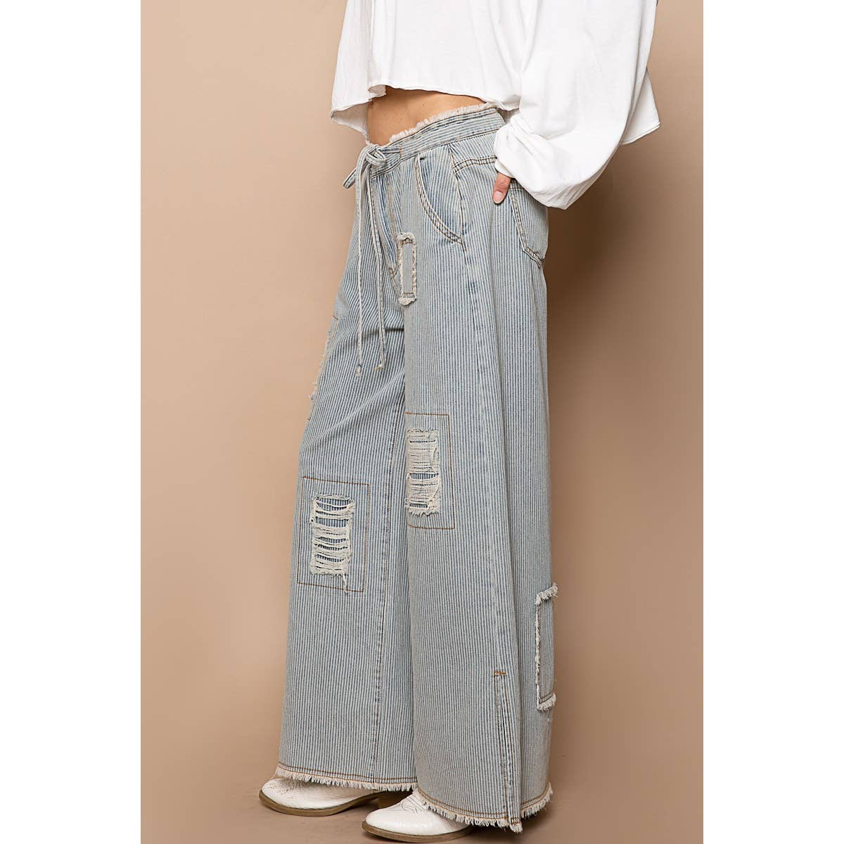 Distressed waist strape stripe denim wide pants-Jeans-Pol Clothing-Stuffology - Where Vintage Meets Modern, A Boutique for Real Women in Crosbyton, TX