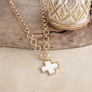Luminous Cross – Mother of Pearl Charm Necklace-Necklaces-PennyLine inc-Stuffology - Where Vintage Meets Modern, A Boutique for Real Women in Crosbyton, TX