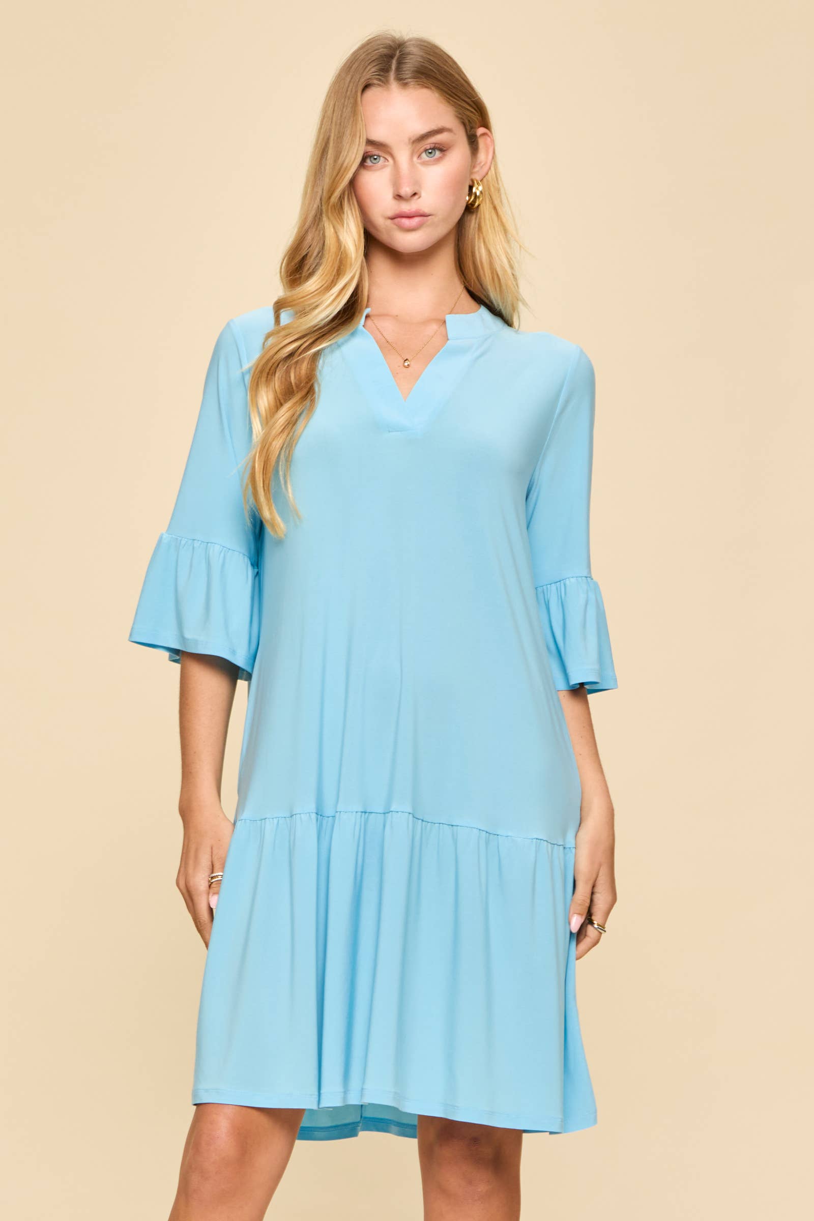 Shirred Tiered Relaxed 3/4 Sleeve Dress-Dresses-Dear Scarlett-Stuffology - Where Vintage Meets Modern, A Boutique for Real Women in Crosbyton, TX