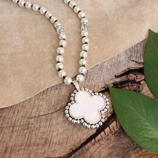 Pearlized beads Necklace with Cross and Clover pendant Mother of Pearl Abalone-Necklaces-PennyLine inc-Stuffology - Where Vintage Meets Modern, A Boutique for Real Women in Crosbyton, TX