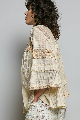 Lace Panel Detail Floral Ruffle 3/4 Sleeve Rib Knit Top-Pol Clothing-Stuffology - Where Vintage Meets Modern, A Boutique for Real Women in Crosbyton, TX