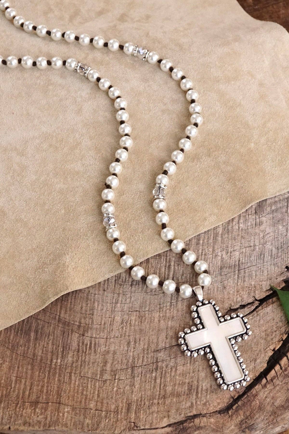 Pearlized beads Necklace with Cross and Clover pendant Mother of Pearl Abalone-Necklaces-PennyLine inc-Stuffology - Where Vintage Meets Modern, A Boutique for Real Women in Crosbyton, TX