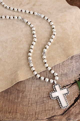 Pearlized beads Necklace with Cross and Clover pendant Mother of Pearl Abalone-Necklaces-PennyLine inc-Stuffology - Where Vintage Meets Modern, A Boutique for Real Women in Crosbyton, TX