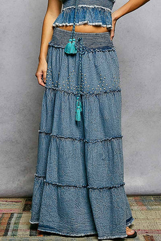 Boho Belle Tiered Denim Maxi Skirt-Skirts-Pol Clothing-Stuffology - Where Vintage Meets Modern, A Boutique for Real Women in Crosbyton, TX