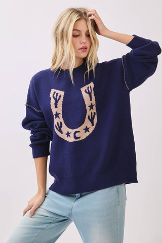 Western Horseshoe Cactus Knit Sweater-Sweaters-Sewn and Seen-Stuffology - Where Vintage Meets Modern, A Boutique for Real Women in Crosbyton, TX