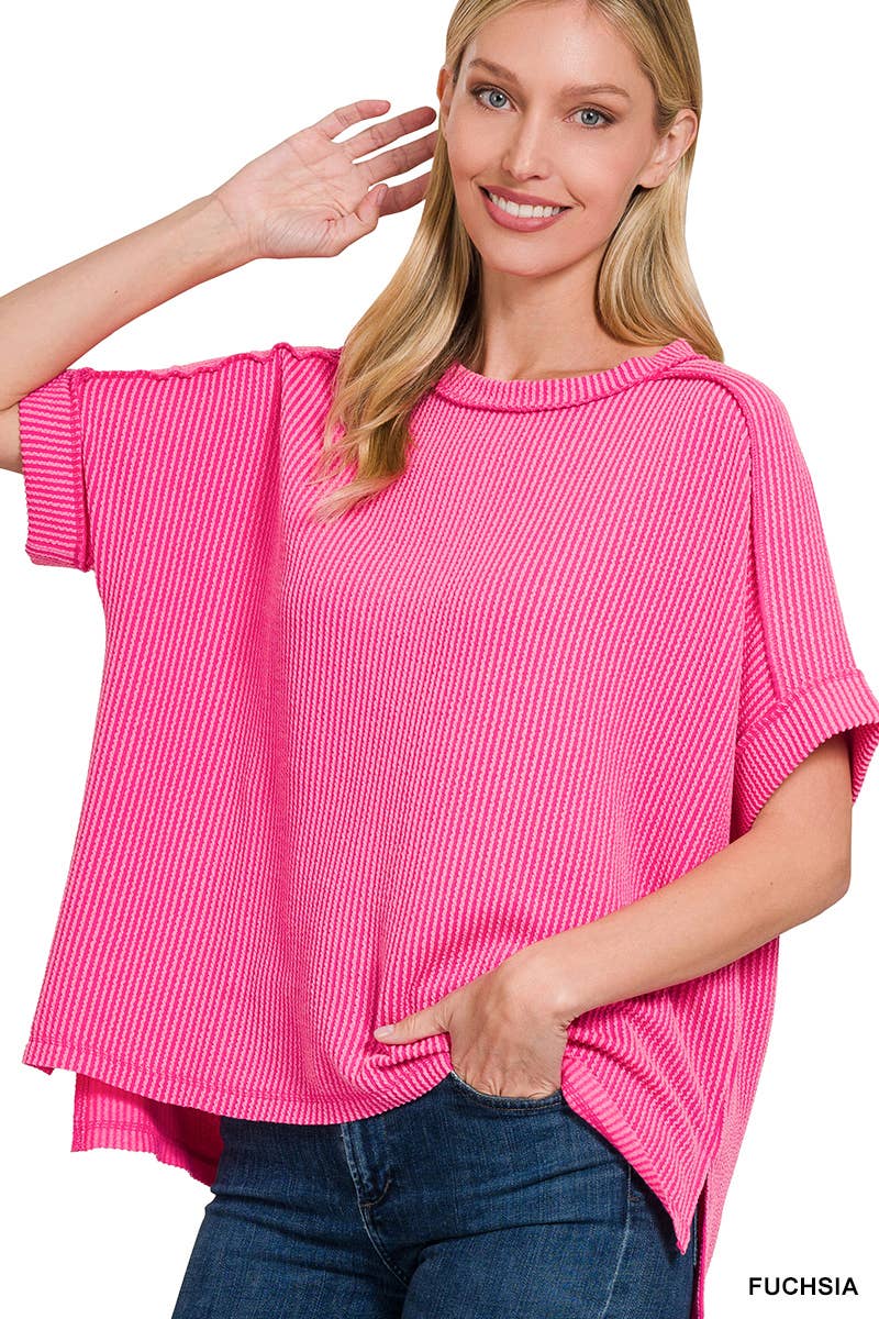 Corded Rib Short Cuff Sleeve Raw Edge Top-TOP-Stuffology Boutique-Stuffology - Where Vintage Meets Modern, A Boutique for Real Women in Crosbyton, TX