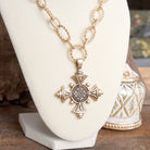 Decorative Cross Statement Necklace – Worn Gold Tone-Necklaces-PennyLine inc-Stuffology - Where Vintage Meets Modern, A Boutique for Real Women in Crosbyton, TX