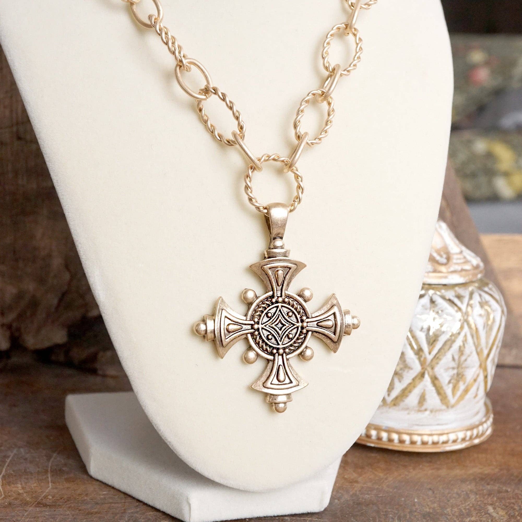 Decorative Cross Statement Necklace – Worn Gold Tone-Necklaces-PennyLine inc-Stuffology - Where Vintage Meets Modern, A Boutique for Real Women in Crosbyton, TX