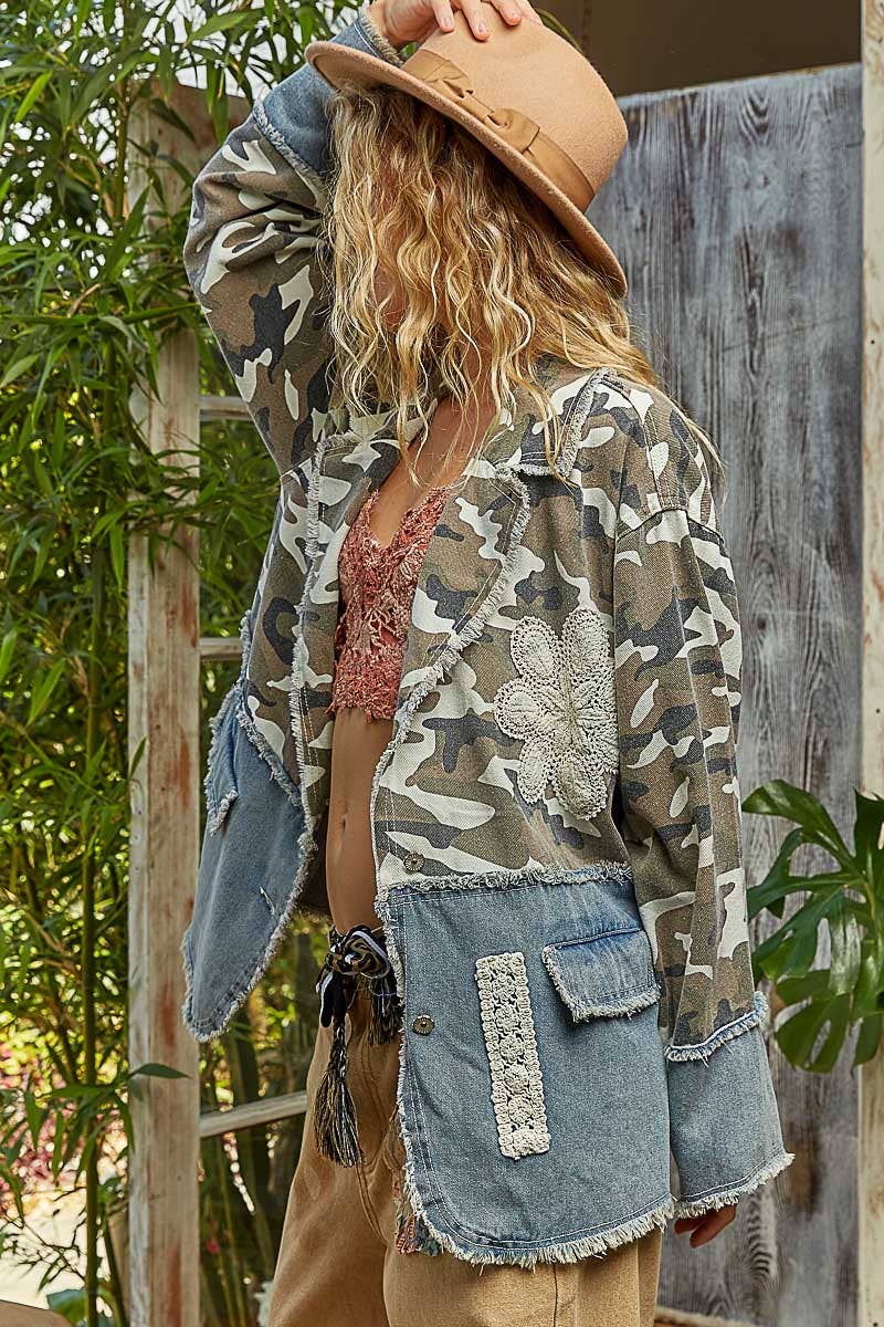 V-neck long sleeve crochet patch printed twill woven jacket-Jackets-Pol Clothing-Stuffology - Where Vintage Meets Modern, A Boutique for Real Women in Crosbyton, TX