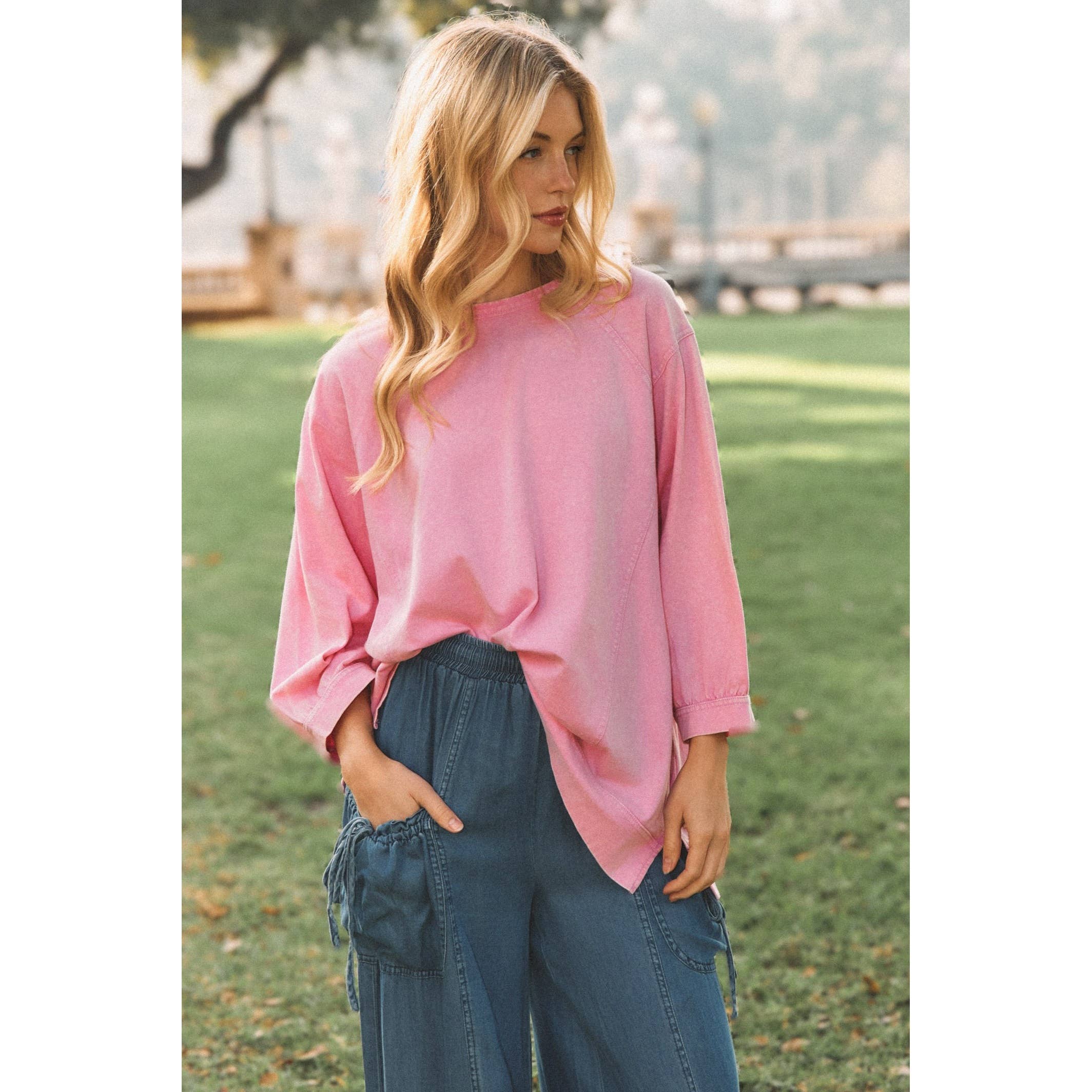 MINERAL WASH OVERSIZE PUFF-SLEEVE PULLOVER TEE-TOP-Sage + Fig-Stuffology - Where Vintage Meets Modern, A Boutique for Real Women in Crosbyton, TX