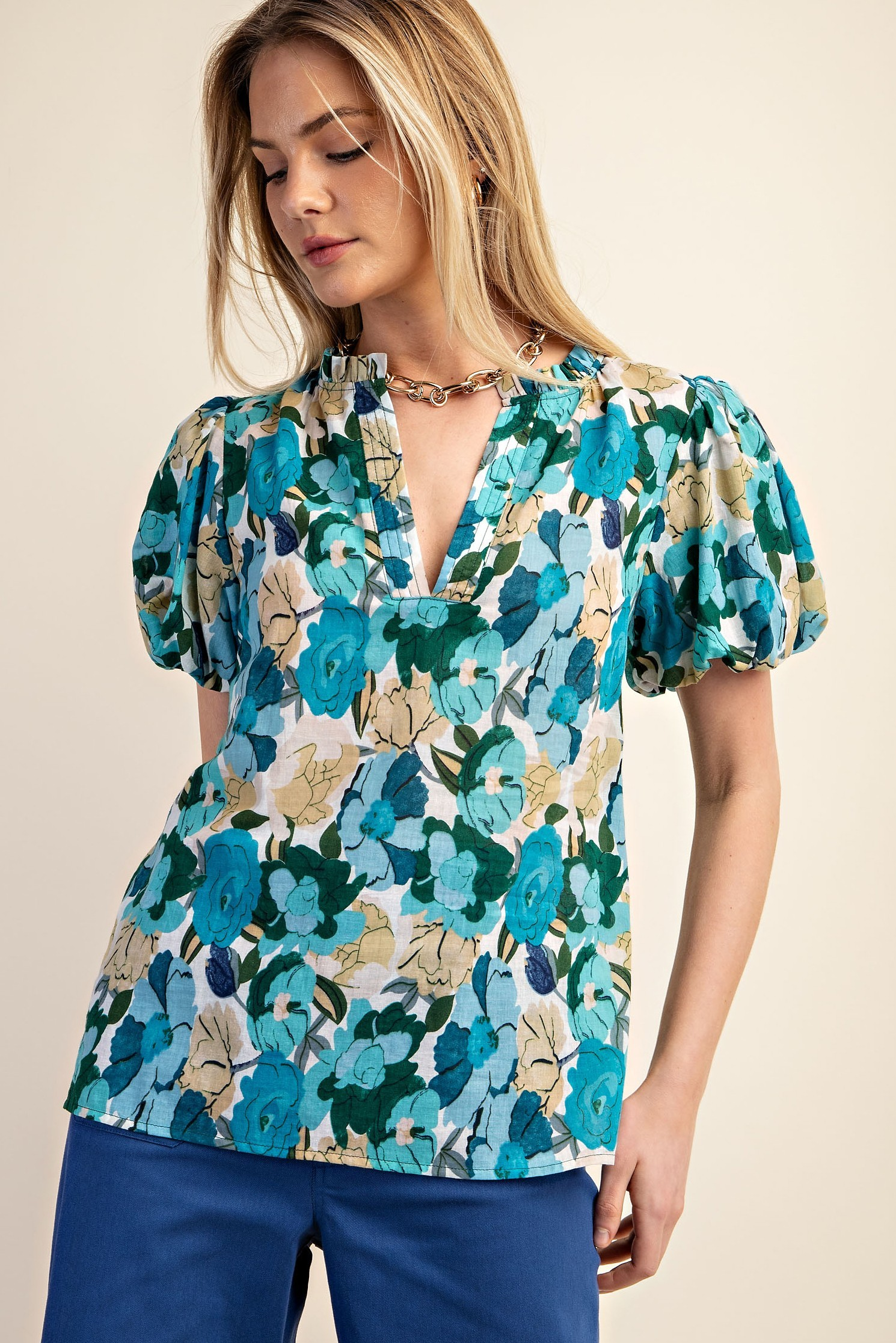 Turquoise & Blue Floral Print Split Neckline Top /Stuffology Boutique-TOP-Gigio-Stuffology - Where Vintage Meets Modern, A Boutique for Real Women in Crosbyton, TX