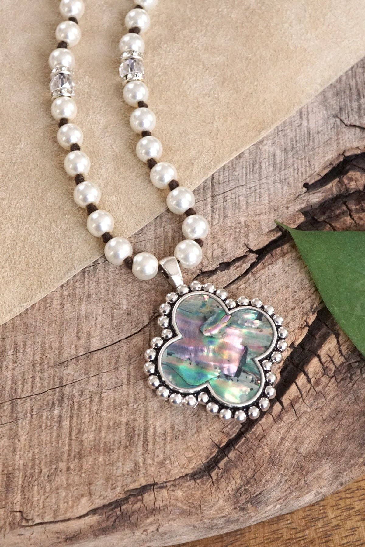 Pearlized beads Necklace with Cross and Clover pendant Mother of Pearl Abalone-PennyLine inc-Stuffology - Where Vintage Meets Modern, A Boutique for Real Women in Crosbyton, TX