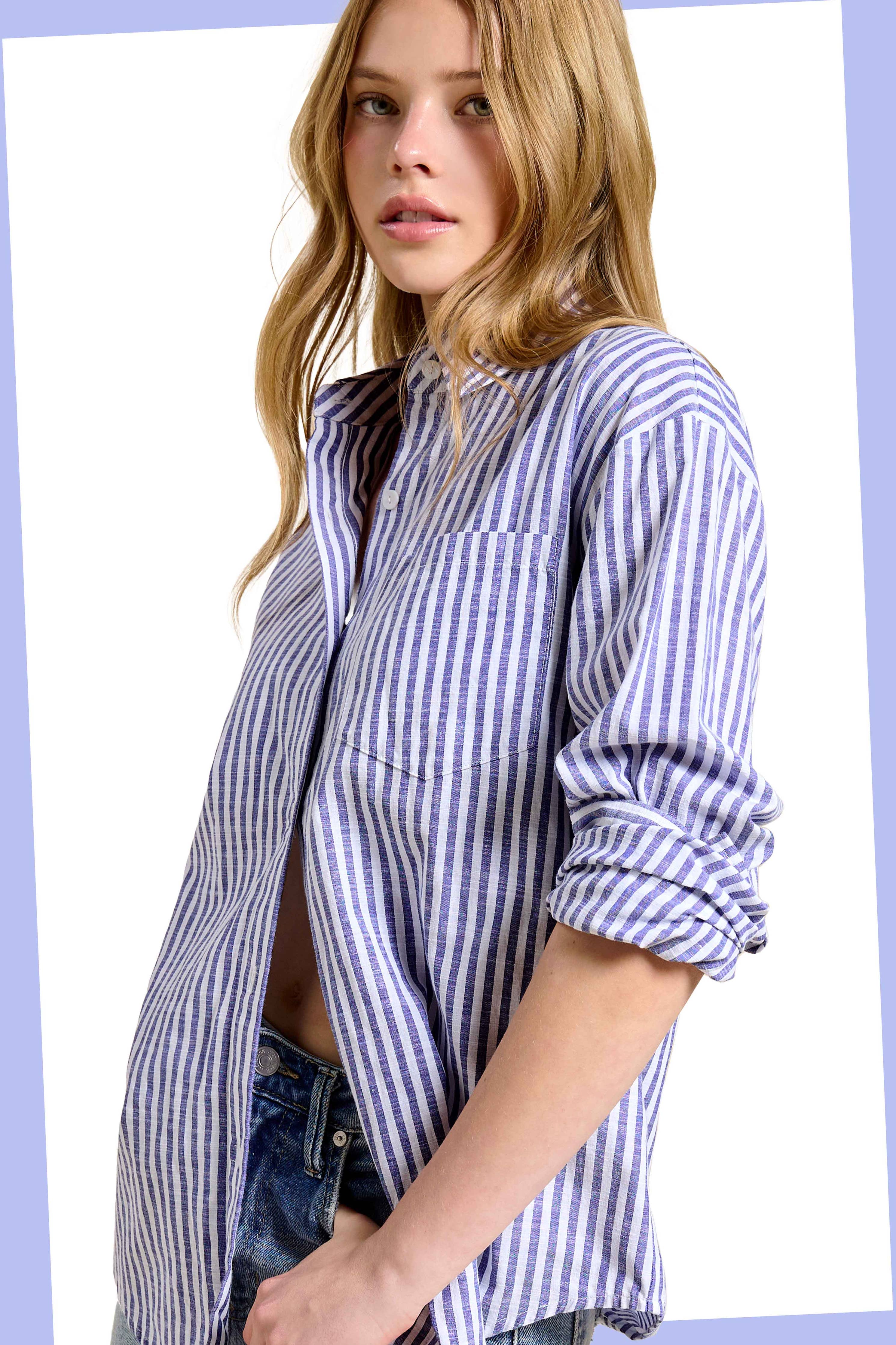 Collared Contrast Stripe Button Down Shirt-La Miel-Stuffology - Where Vintage Meets Modern, A Boutique for Real Women in Crosbyton, TX