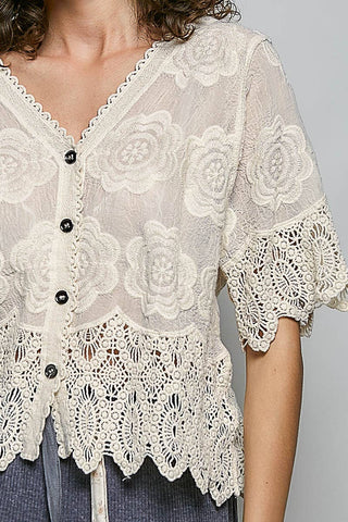 Crochet Trim Neckline Short Sleeve Jacket Top-Pol Clothing-Stuffology - Where Vintage Meets Modern, A Boutique for Real Women in Crosbyton, TX