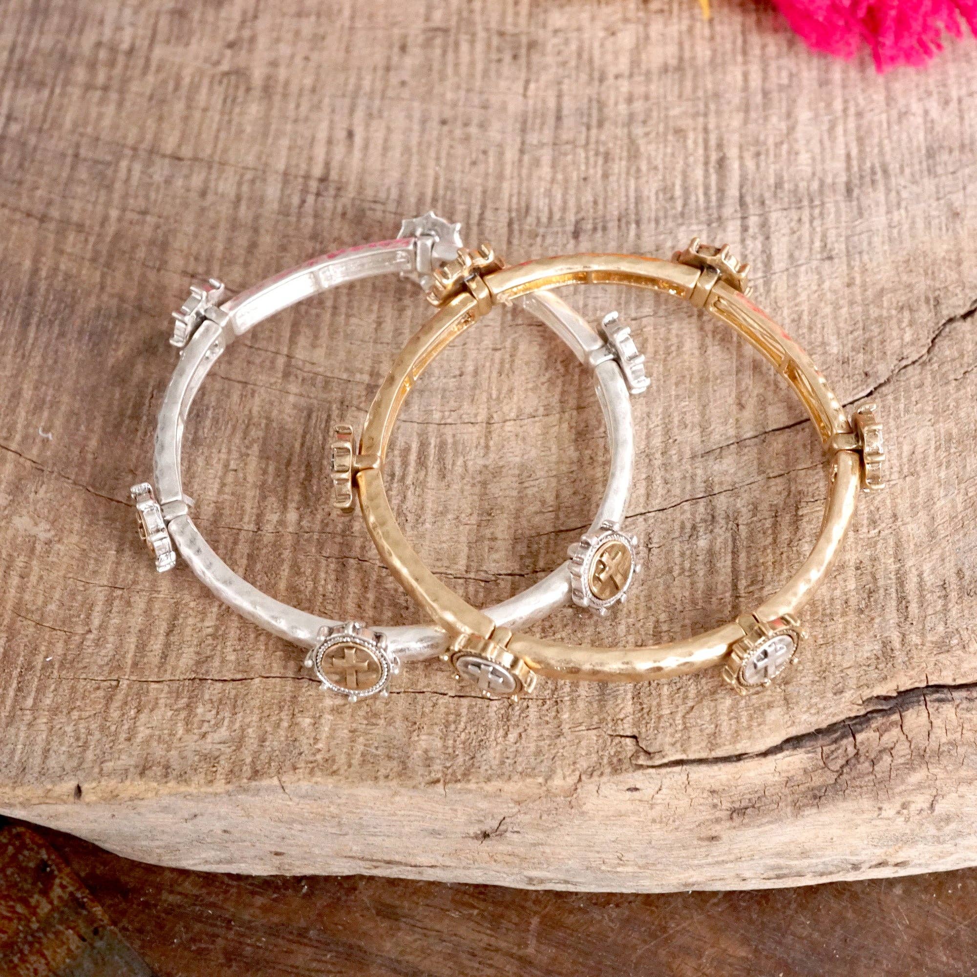 Cross Coin Bangle in Worn Silver or Gold Tone-Bracelets-PennyLine inc-Stuffology - Where Vintage Meets Modern, A Boutique for Real Women in Crosbyton, TX