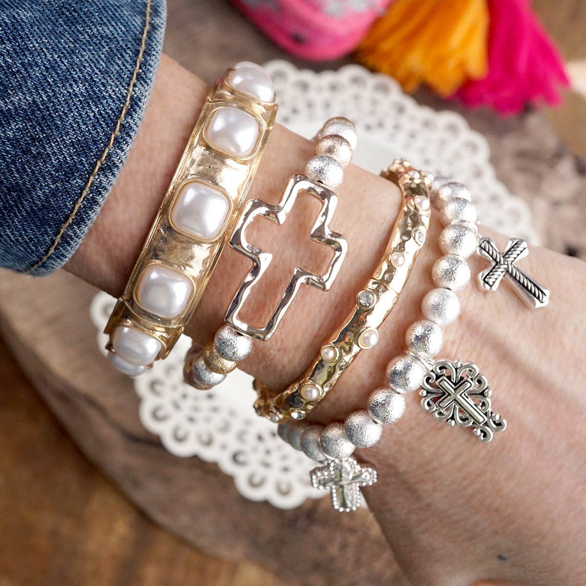 Eternal Glow – Eternity Stretchy Bangle with Cabochons or Pearls-PennyLine inc-Stuffology - Where Vintage Meets Modern, A Boutique for Real Women in Crosbyton, TX