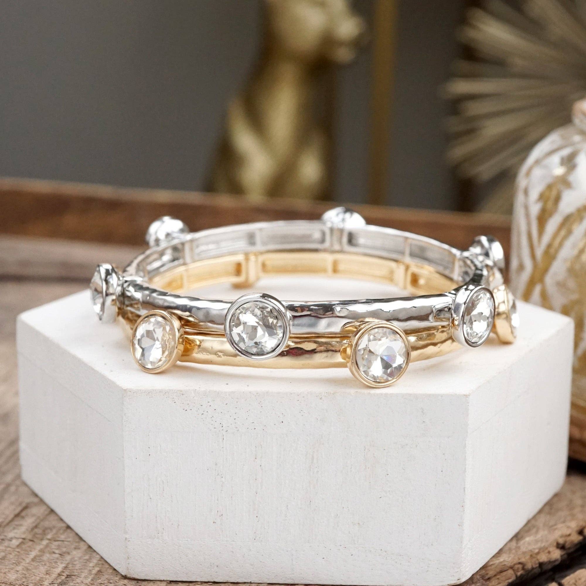 Sparkly clear crystals bangle in Gold Or Silver Tone-Bracelets-PennyLine inc-Stuffology - Where Vintage Meets Modern, A Boutique for Real Women in Crosbyton, TX
