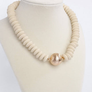 Wood Saucer Beads Short Statement Necklace Gold center Hot Pink Beige Turquoise-Necklaces-PennyLine inc-Stuffology - Where Vintage Meets Modern, A Boutique for Real Women in Crosbyton, TX
