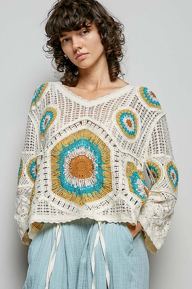 V-Neck Granny Circle Motif Scalloped Edge Crochet Top-Crochet Top-Pol Clothing-Stuffology - Where Vintage Meets Modern, A Boutique for Real Women in Crosbyton, TX