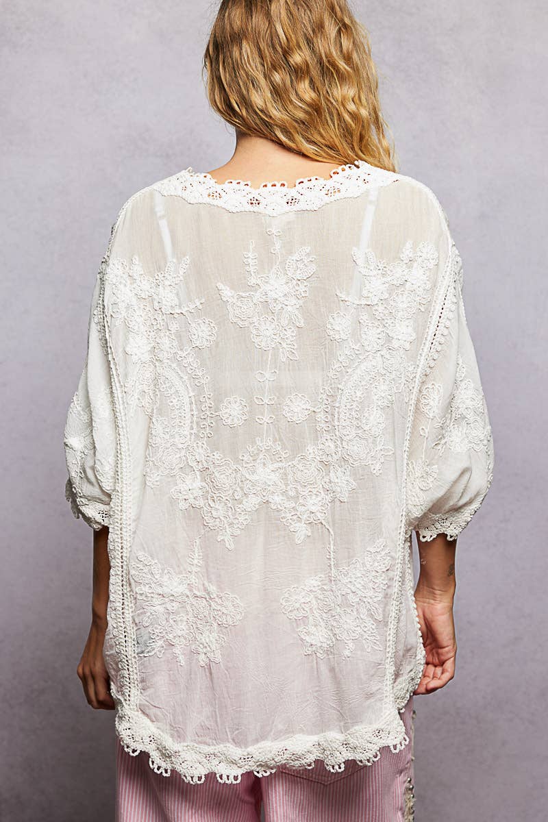 POL Clothing V-neck Short Sleeve Floral Embroidered Crochet Blouse Top-Crochet Top-Pol Clothing-Stuffology - Where Vintage Meets Modern, A Boutique for Real Women in Crosbyton, TX