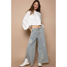 Distressed waist strape stripe denim wide pants-Jeans-Pol Clothing-Stuffology - Where Vintage Meets Modern, A Boutique for Real Women in Crosbyton, TX