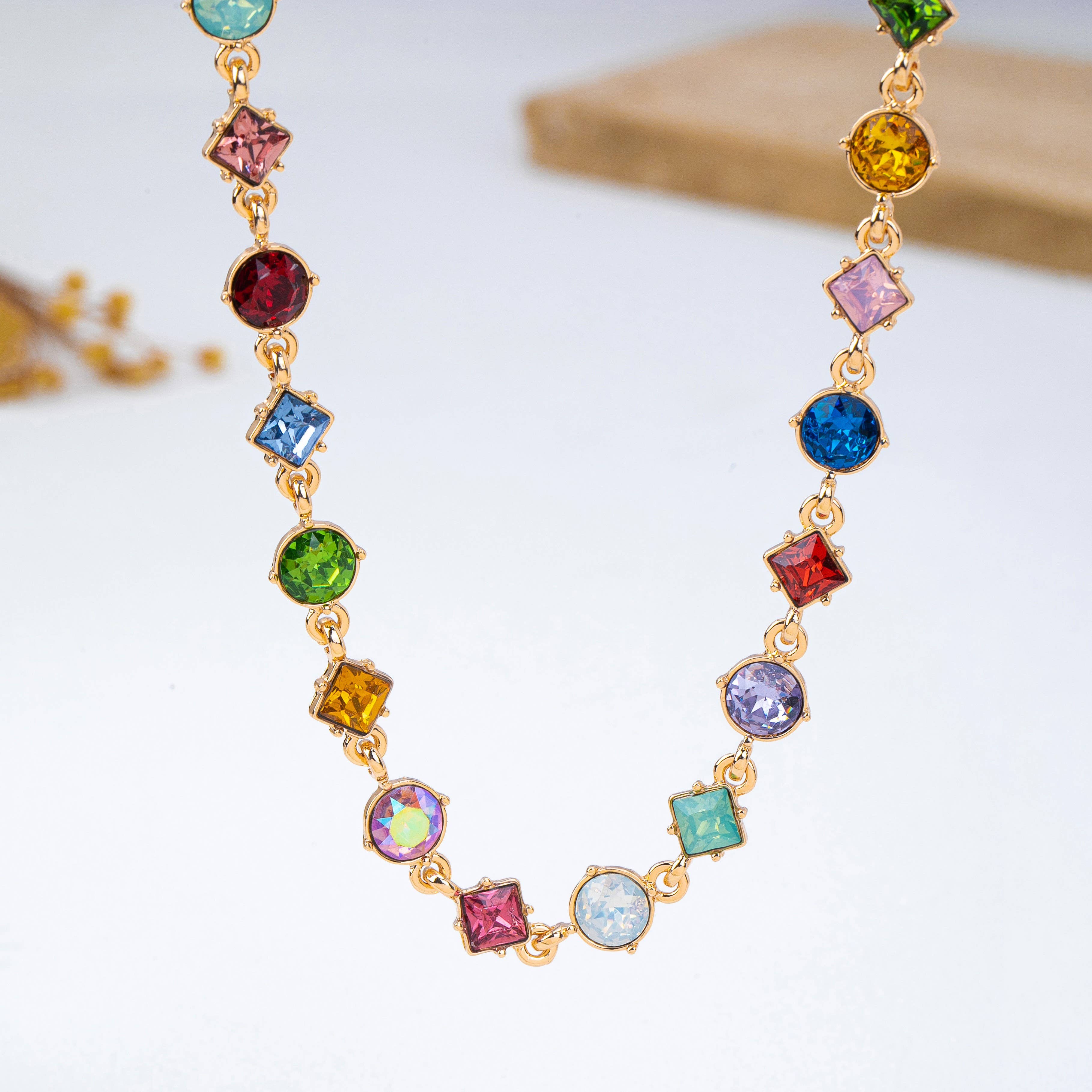 Multicolored Mixed-Shape Crystal Station Necklace | 80N93256-Necklaces-JOSSLYN by wall to wall-Stuffology - Where Vintage Meets Modern, A Boutique for Real Women in Crosbyton, TX